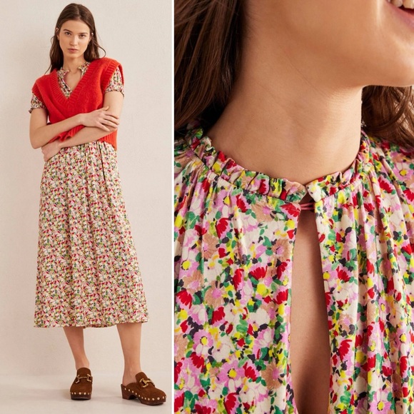 NWT BODEN Floral Ruched Jersey Midi Dress Multi Painterly Floret Puff Sleeve 16 - Picture 5 of 16